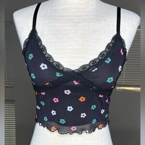 Divided Black Daisy Print Mesh Lace Crop Top Small - Cute